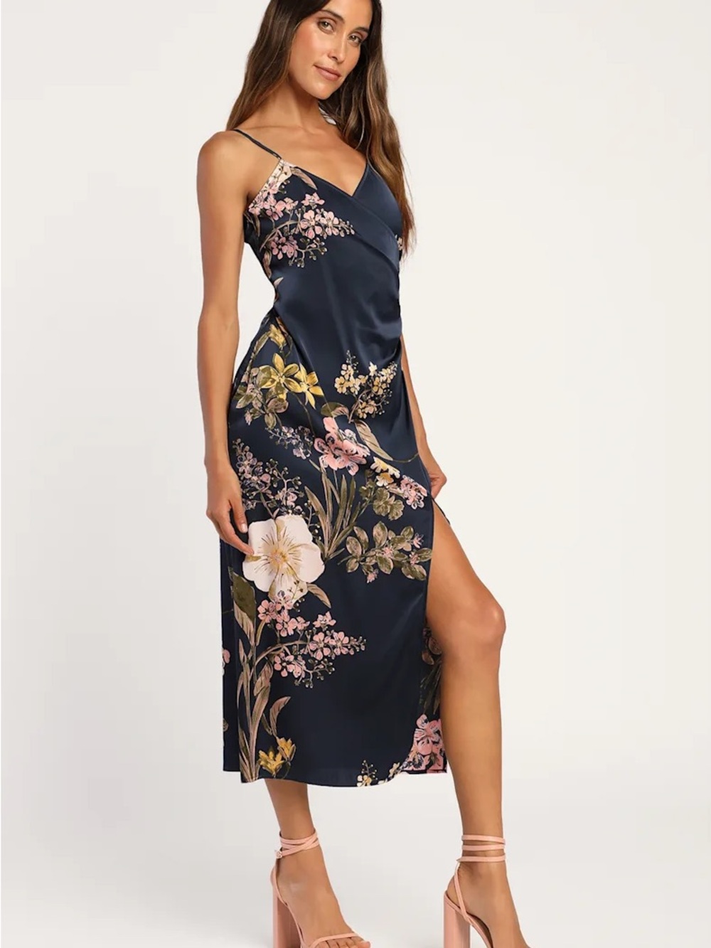 Lulus Remarkable Entrance Navy Blue Floral Print Satin Midi Dress